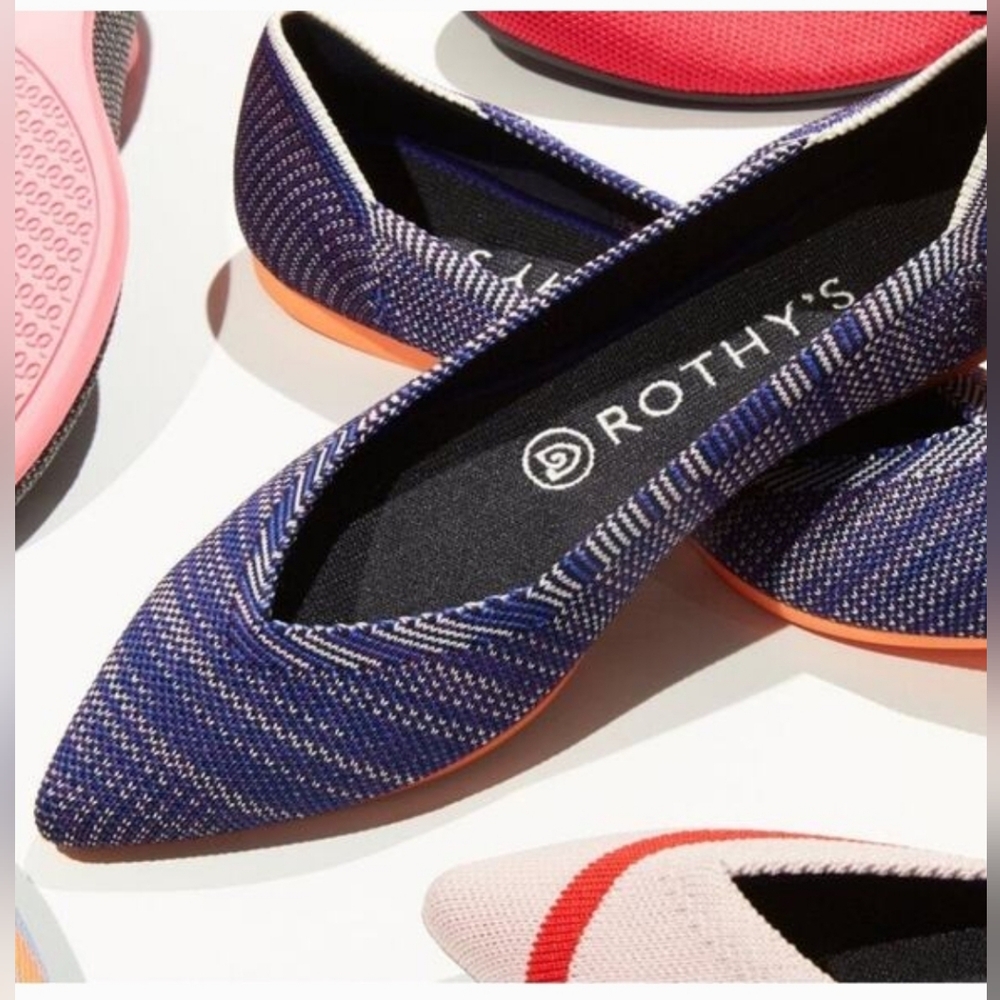 EUC Rothy’s RETIRED Flats Point Bright Blue Birdseye Space Dye Orange Sole - 8